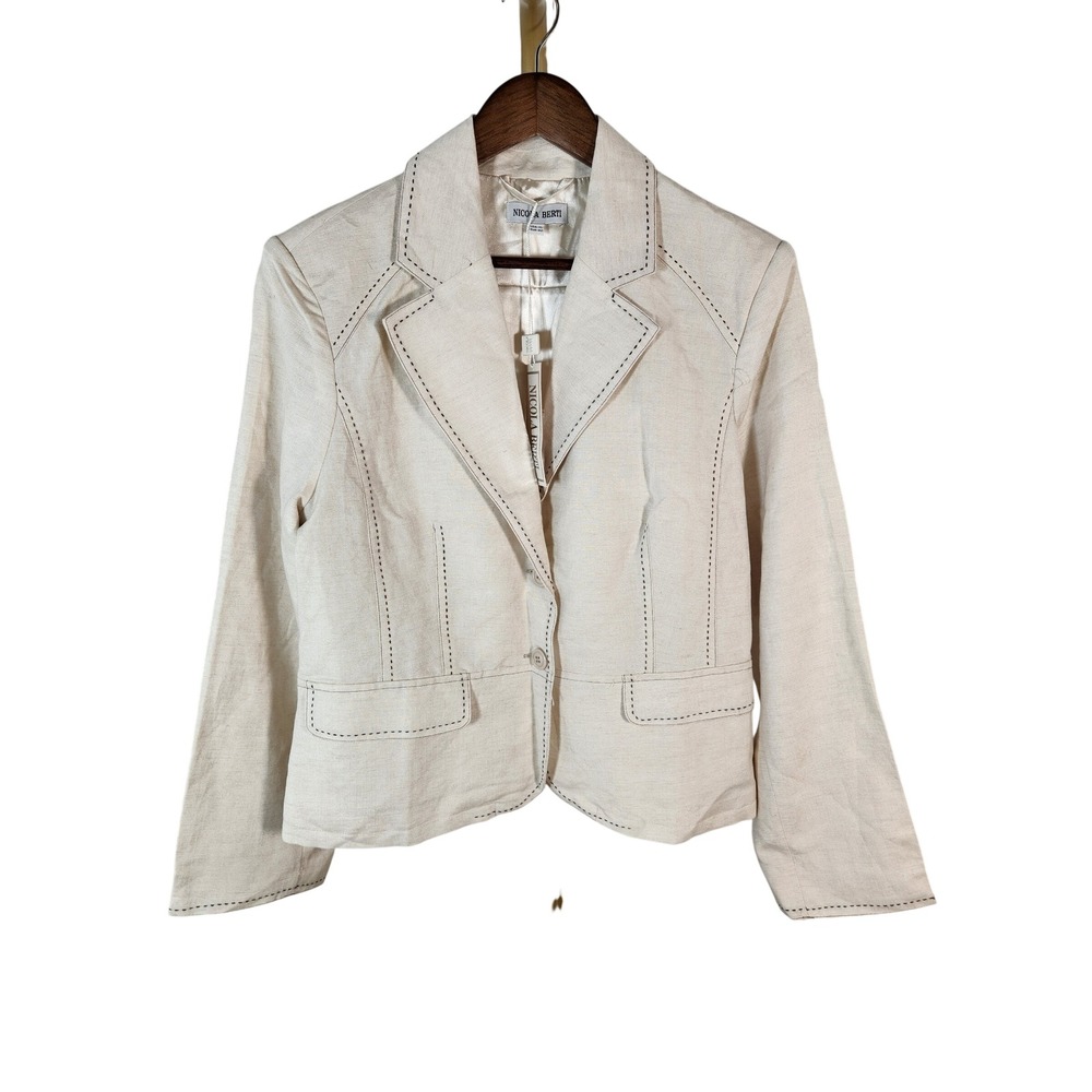 NWT Nicola Berti 100% Linen Contrast Stitch Cream Ivory Blazer Size XL